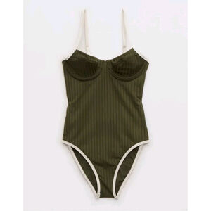 Aerie Ribbed Olive Green One-Piece Swimsuit with Cream Trim